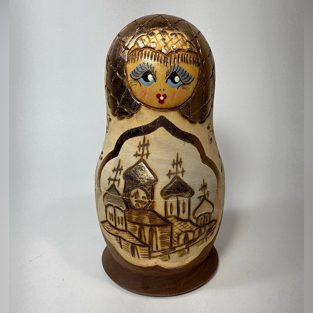 Hand painted Wooden Matryoshka Doll - Cream and Brown and gold 5 pc